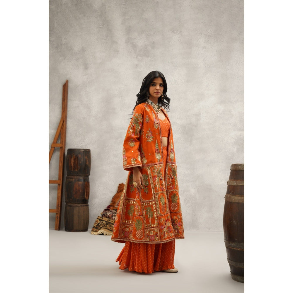 Kapda Dori Orange Embroidered Jacket with Crop Top and Sharara (Set of 3)