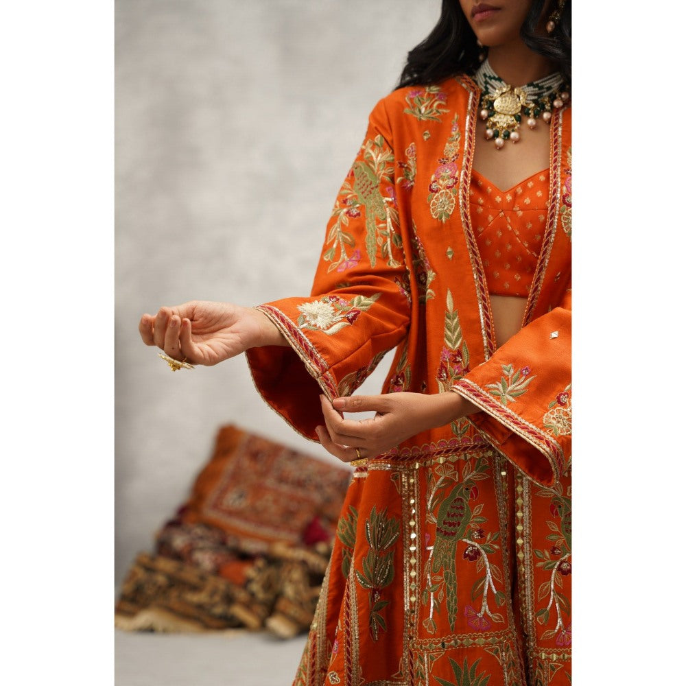 Kapda Dori Orange Embroidered Jacket with Crop Top and Sharara (Set of 3)