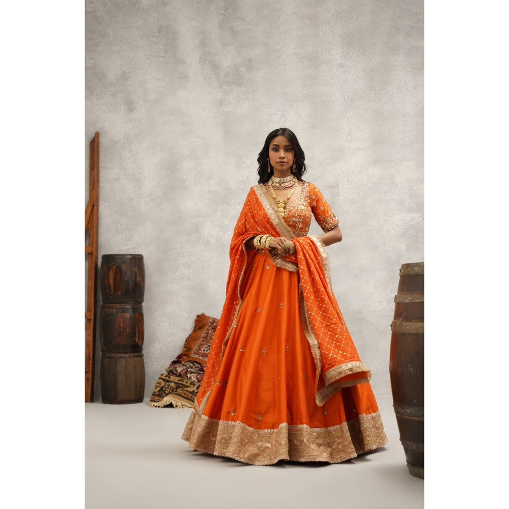 Kapda Dori Orange Embroidered Blouse with Lehenga and Dupatta (Set of 3)