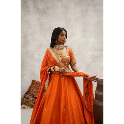 Kapda Dori Orange Embroidered Blouse with Lehenga and Dupatta (Set of 3)