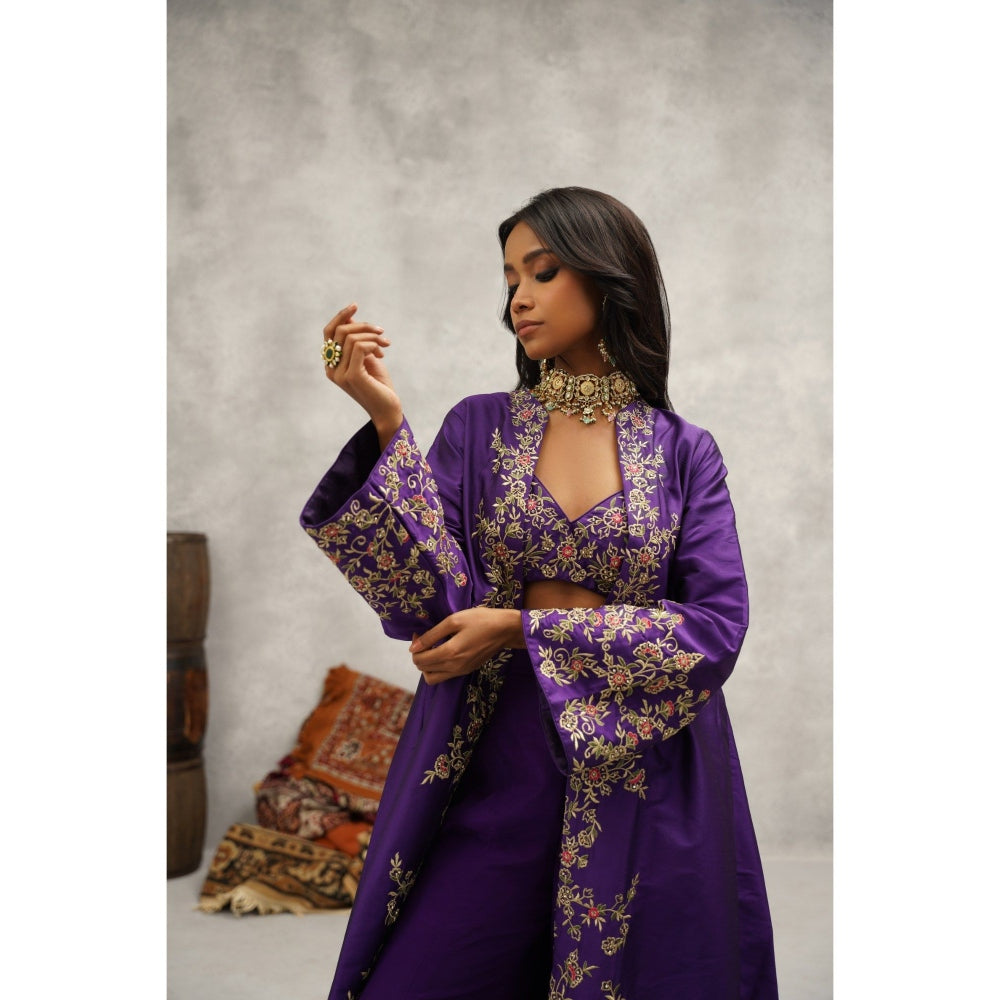 Kapda Dori Purple Embroidered Jacket with Bustier and Sharara (Set of 3)