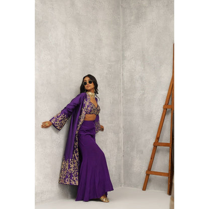 Kapda Dori Purple Embroidered Jacket with Bustier and Sharara (Set of 3)