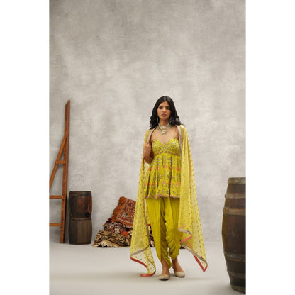 Kapda Dori Lime Green Embroidered Peplum Top with Dhoti and Dupatta (Set of 3)