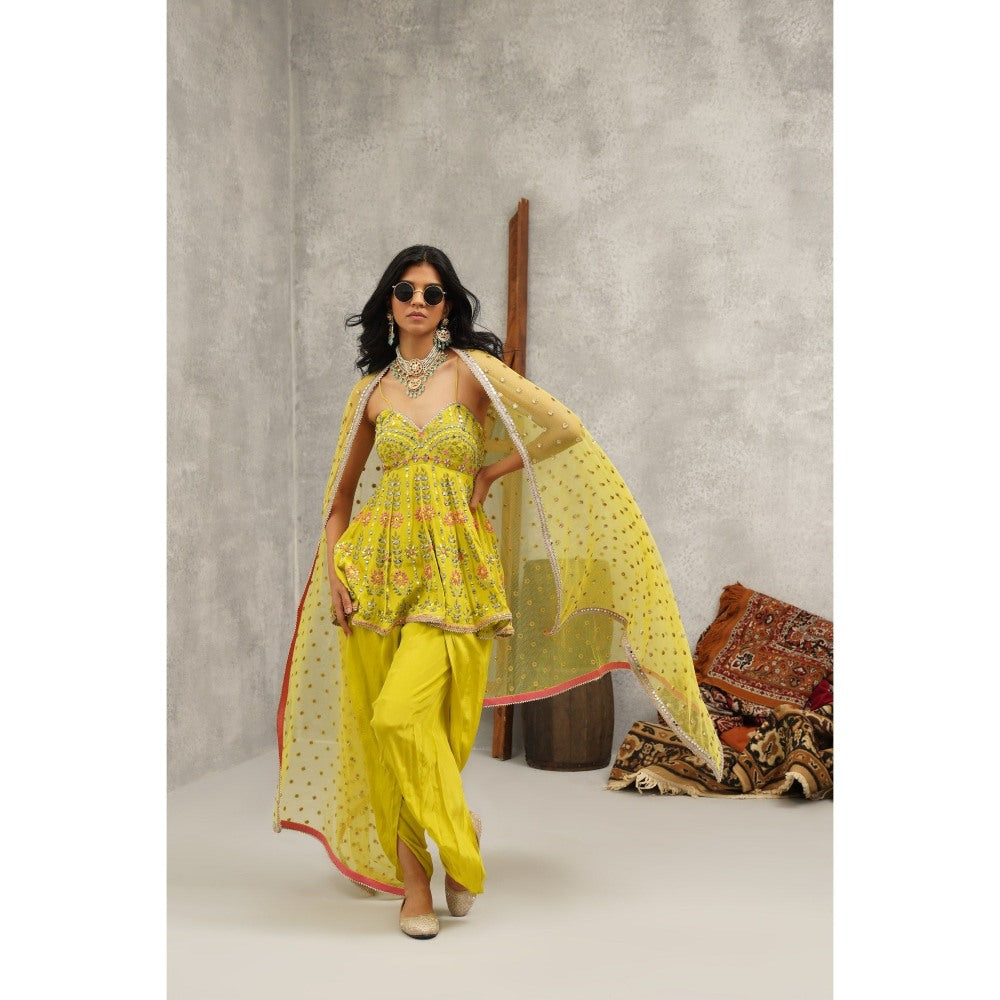 Kapda Dori Lime Green Embroidered Peplum Top with Dhoti and Dupatta (Set of 3)