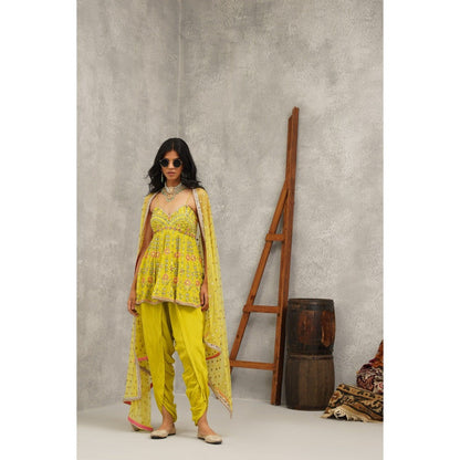 Kapda Dori Lime Green Embroidered Peplum Top with Dhoti and Dupatta (Set of 3)