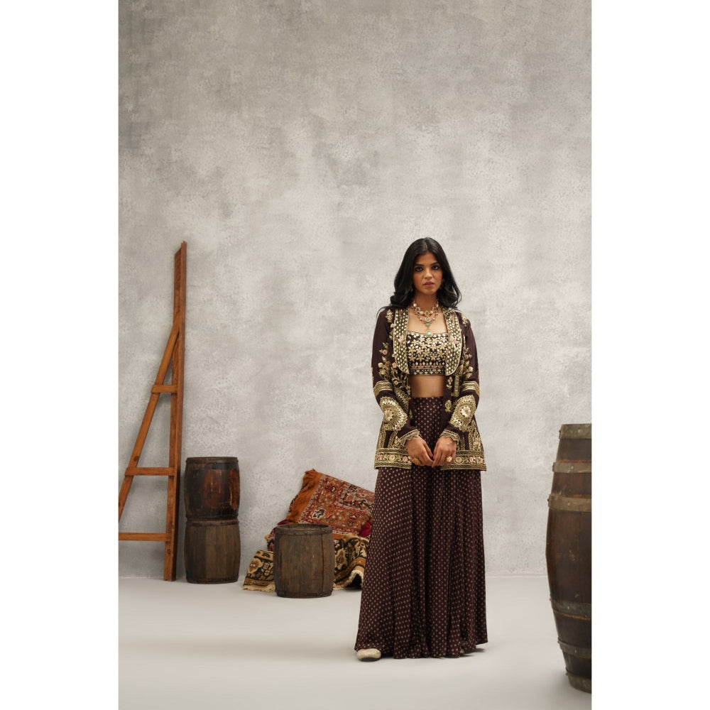 Kapda Dori Brown Banarsi Georgette Embroidered Jacket with Crop Top and Sharara (Set of 3)