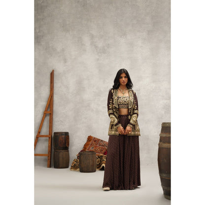 Kapda Dori Brown Banarsi Georgette Embroidered Jacket with Crop Top and Sharara (Set of 3)