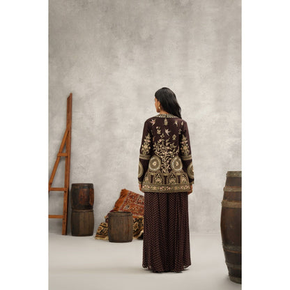 Kapda Dori Brown Banarsi Georgette Embroidered Jacket with Crop Top and Sharara (Set of 3)