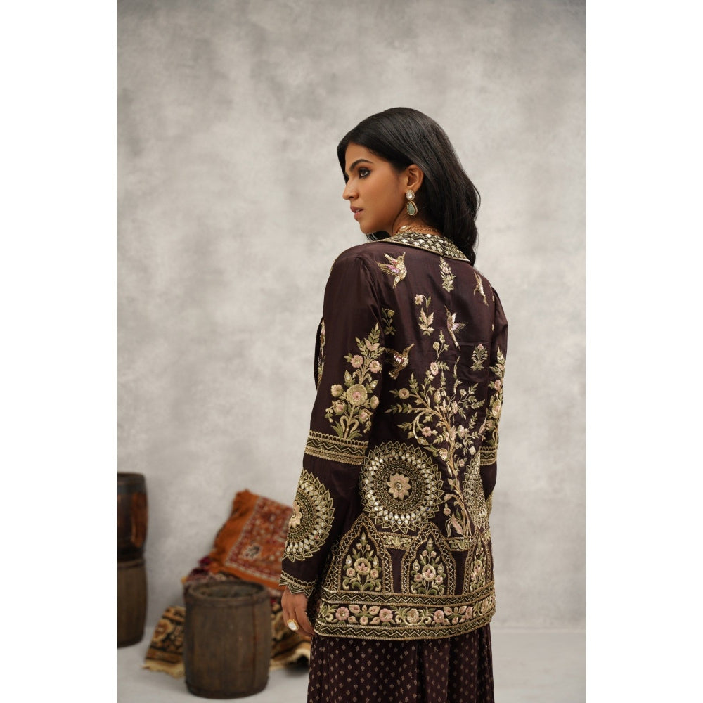 Kapda Dori Brown Banarsi Georgette Embroidered Jacket with Crop Top and Sharara (Set of 3)