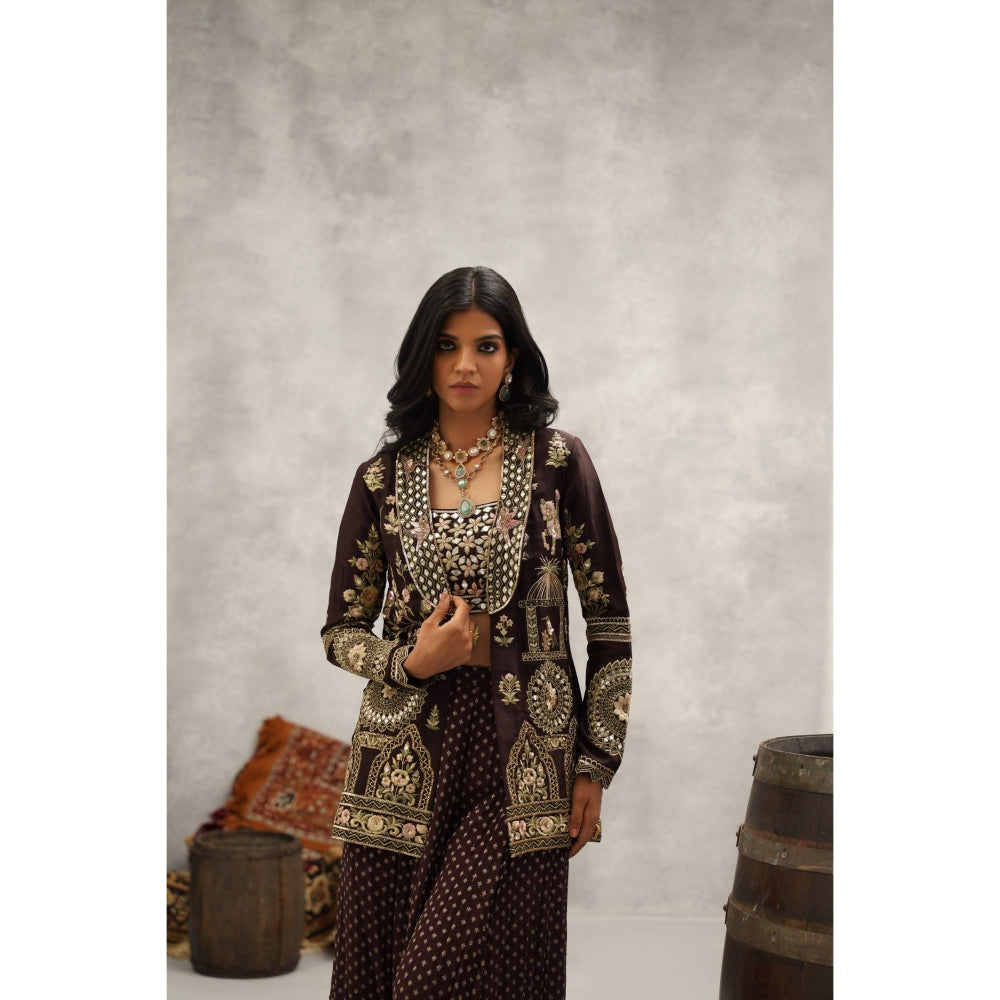 Kapda Dori Brown Banarsi Georgette Embroidered Jacket with Crop Top and Sharara (Set of 3)
