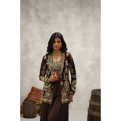 Kapda Dori Brown Banarsi Georgette Embroidered Jacket with Crop Top and Sharara (Set of 3)