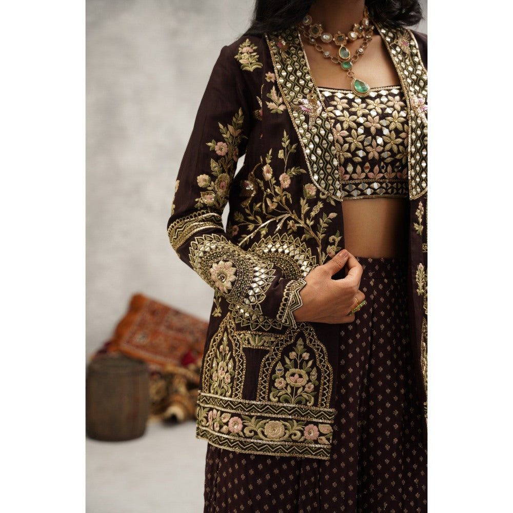 Kapda Dori Brown Banarsi Georgette Embroidered Jacket with Crop Top and Sharara (Set of 3)