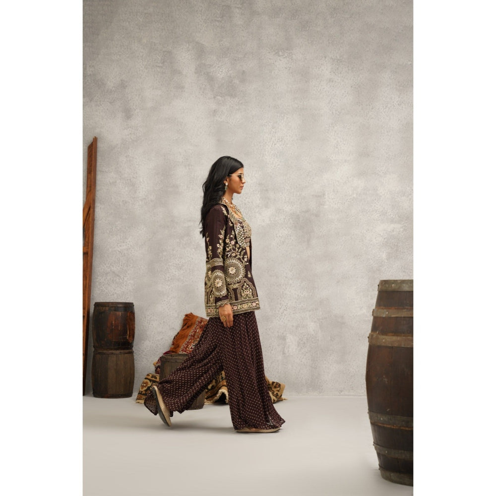 Kapda Dori Brown Banarsi Georgette Embroidered Jacket with Crop Top and Sharara (Set of 3)
