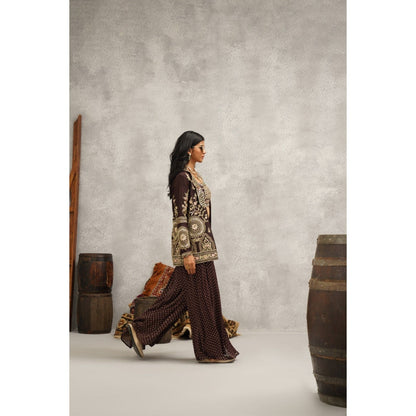 Kapda Dori Brown Banarsi Georgette Embroidered Jacket with Crop Top and Sharara (Set of 3)