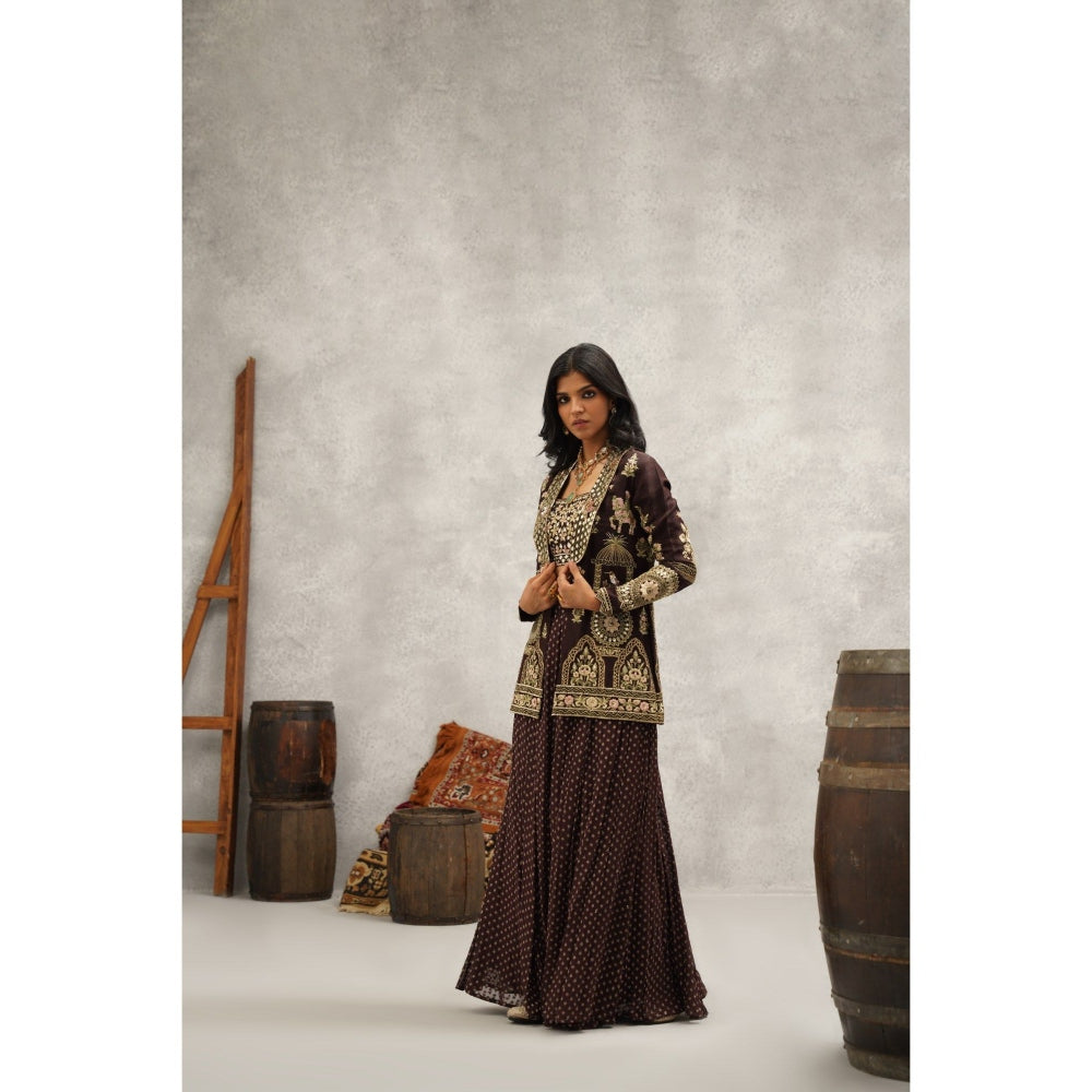 Kapda Dori Brown Banarsi Georgette Embroidered Jacket with Crop Top and Sharara (Set of 3)