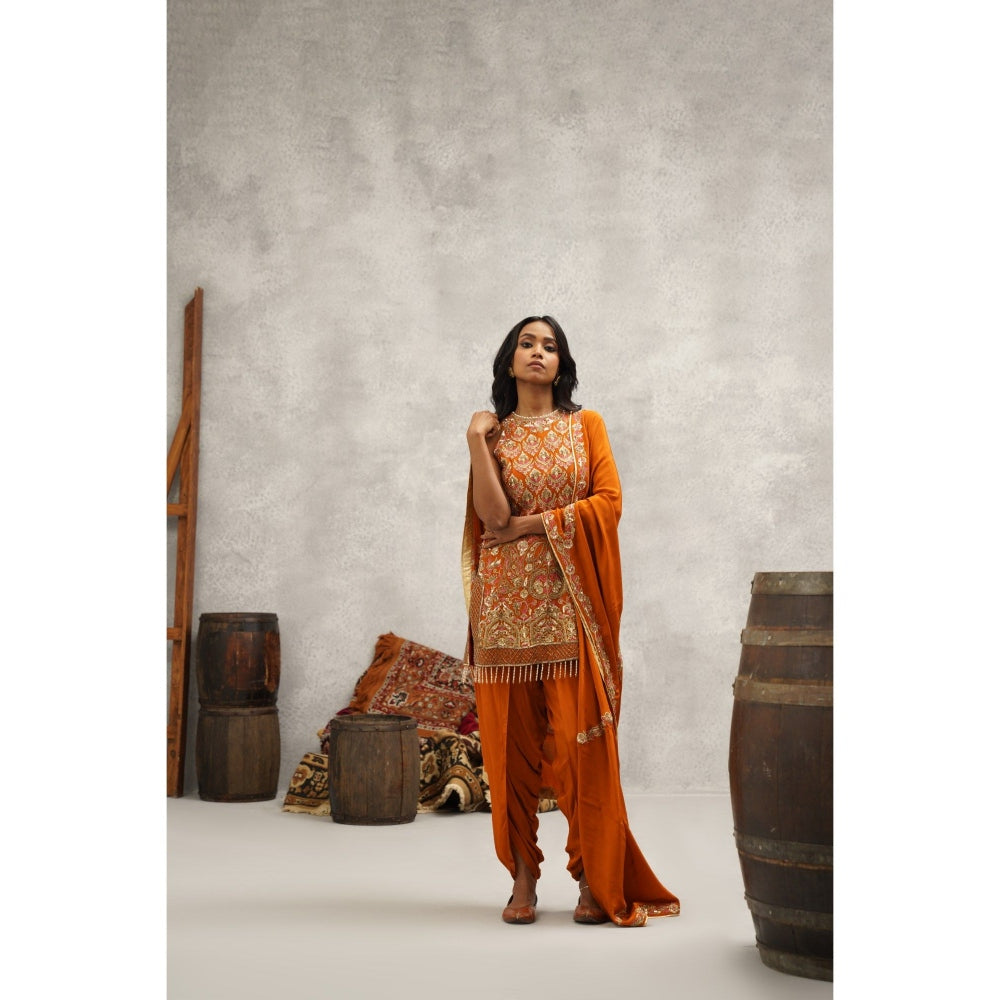 Kapda Dori Orange Embroidered Kurti with Dhoti and Dupatta (Set of 3)
