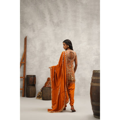 Kapda Dori Orange Embroidered Kurti with Dhoti and Dupatta (Set of 3)
