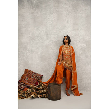 Kapda Dori Orange Embroidered Kurti with Dhoti and Dupatta (Set of 3)