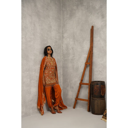 Kapda Dori Orange Embroidered Kurti with Dhoti and Dupatta (Set of 3)