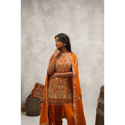 Kapda Dori Orange Embroidered Kurti with Dhoti and Dupatta (Set of 3)