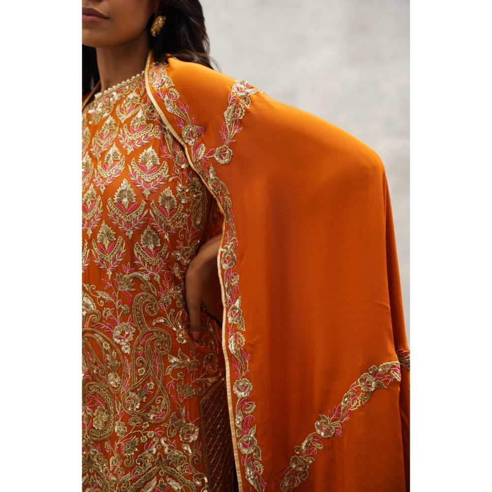 Kapda Dori Orange Embroidered Kurti with Dhoti and Dupatta (Set of 3)