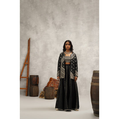 Kapda Dori Black Embroidered Silk Jacket with Bustier and Palazzo (Set of 3)