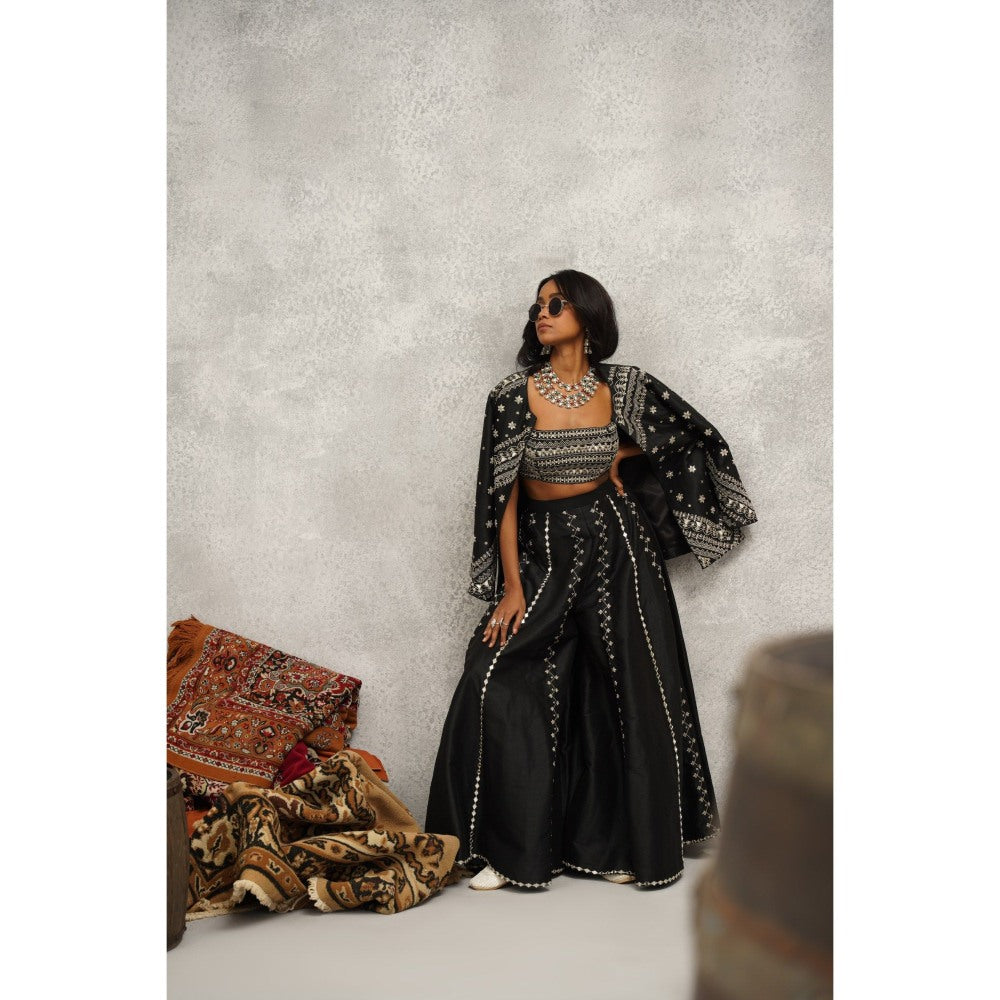 Kapda Dori Black Embroidered Silk Jacket with Bustier and Palazzo (Set of 3)