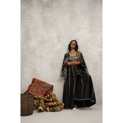 Kapda Dori Black Embroidered Silk Jacket with Bustier and Palazzo (Set of 3)