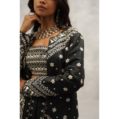 Kapda Dori Black Embroidered Silk Jacket with Bustier and Palazzo (Set of 3)