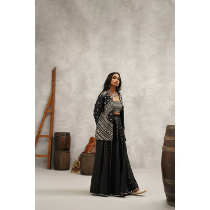 Kapda Dori Black Embroidered Silk Jacket with Bustier and Palazzo (Set of 3)