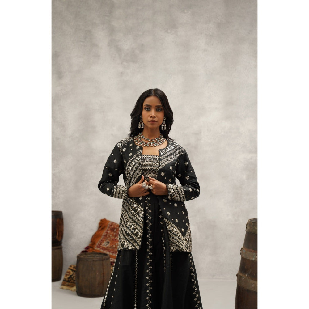 Kapda Dori Black Embroidered Silk Jacket with Bustier and Palazzo (Set of 3)