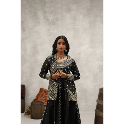 Kapda Dori Black Embroidered Silk Jacket with Bustier and Palazzo (Set of 3)