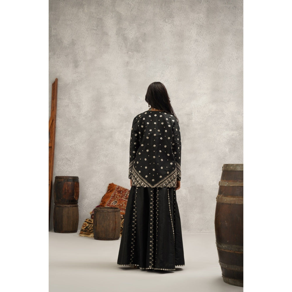 Kapda Dori Black Embroidered Silk Jacket with Bustier and Palazzo (Set of 3)