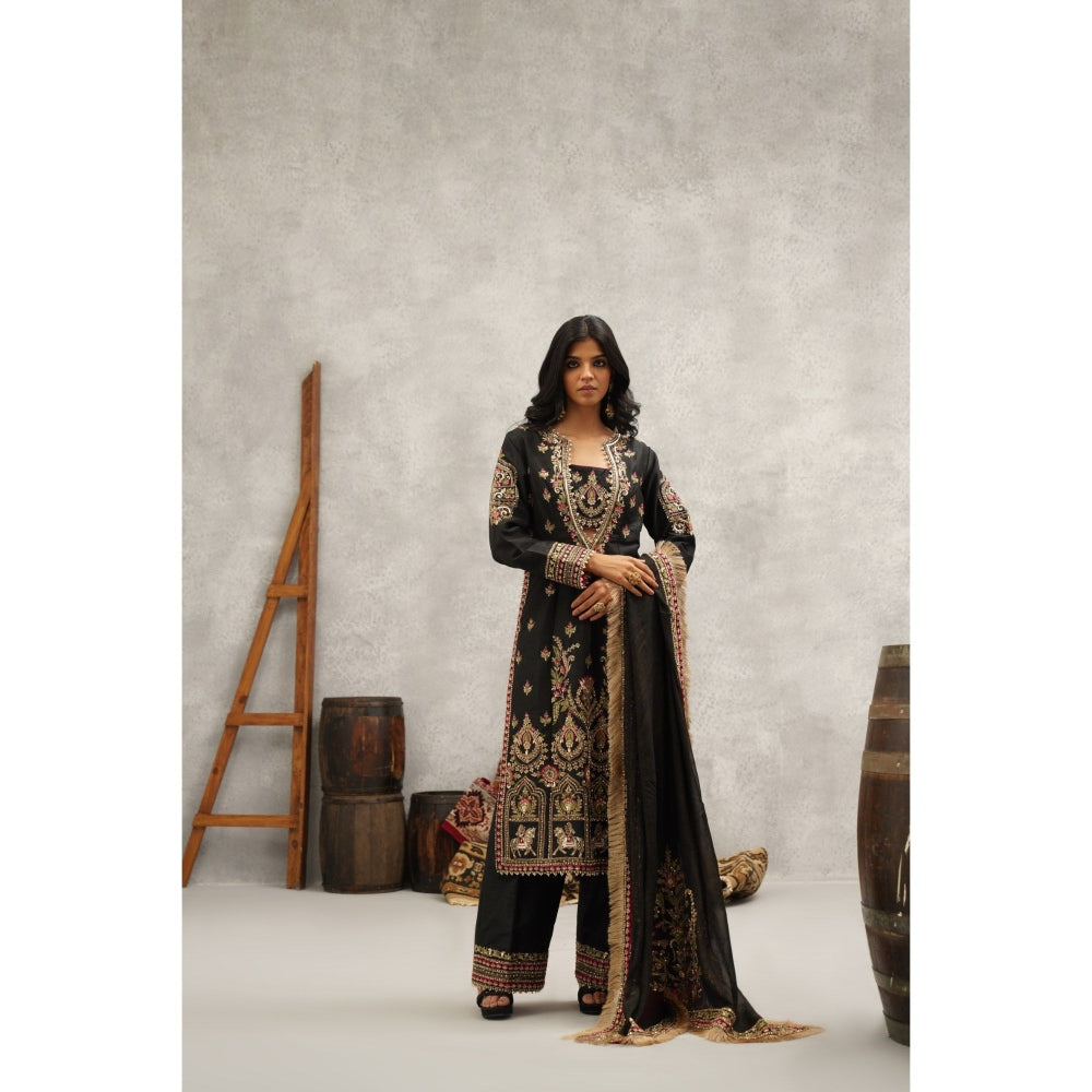 Kapda Dori Black Embroidered Silk Bustier with Kurta, Palazzo and Dupatta (Set of 4)