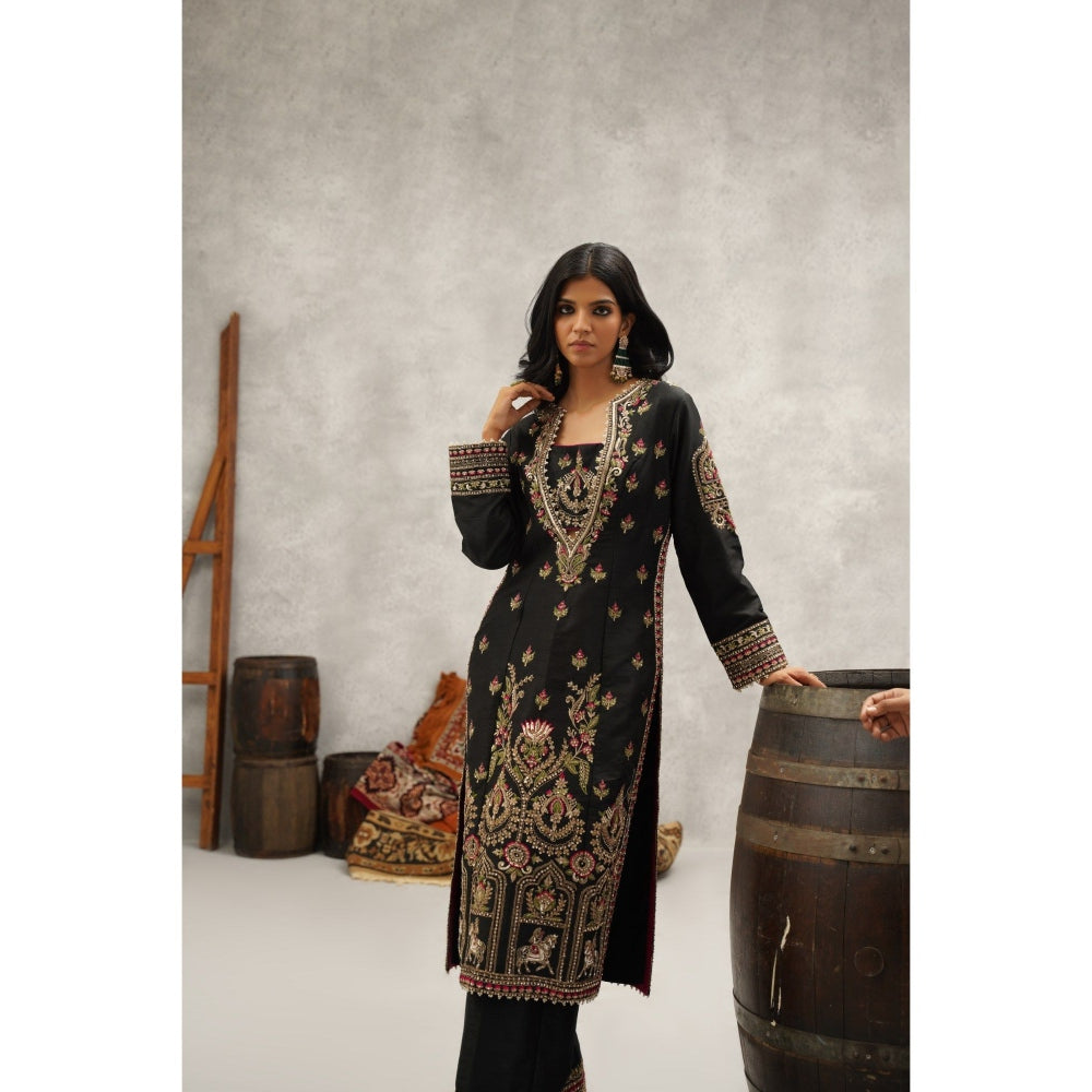 Kapda Dori Black Embroidered Silk Bustier with Kurta, Palazzo and Dupatta (Set of 4)