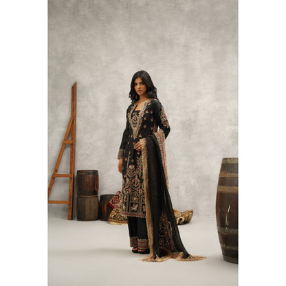 Kapda Dori Black Embroidered Silk Bustier with Kurta, Palazzo and Dupatta (Set of 4)