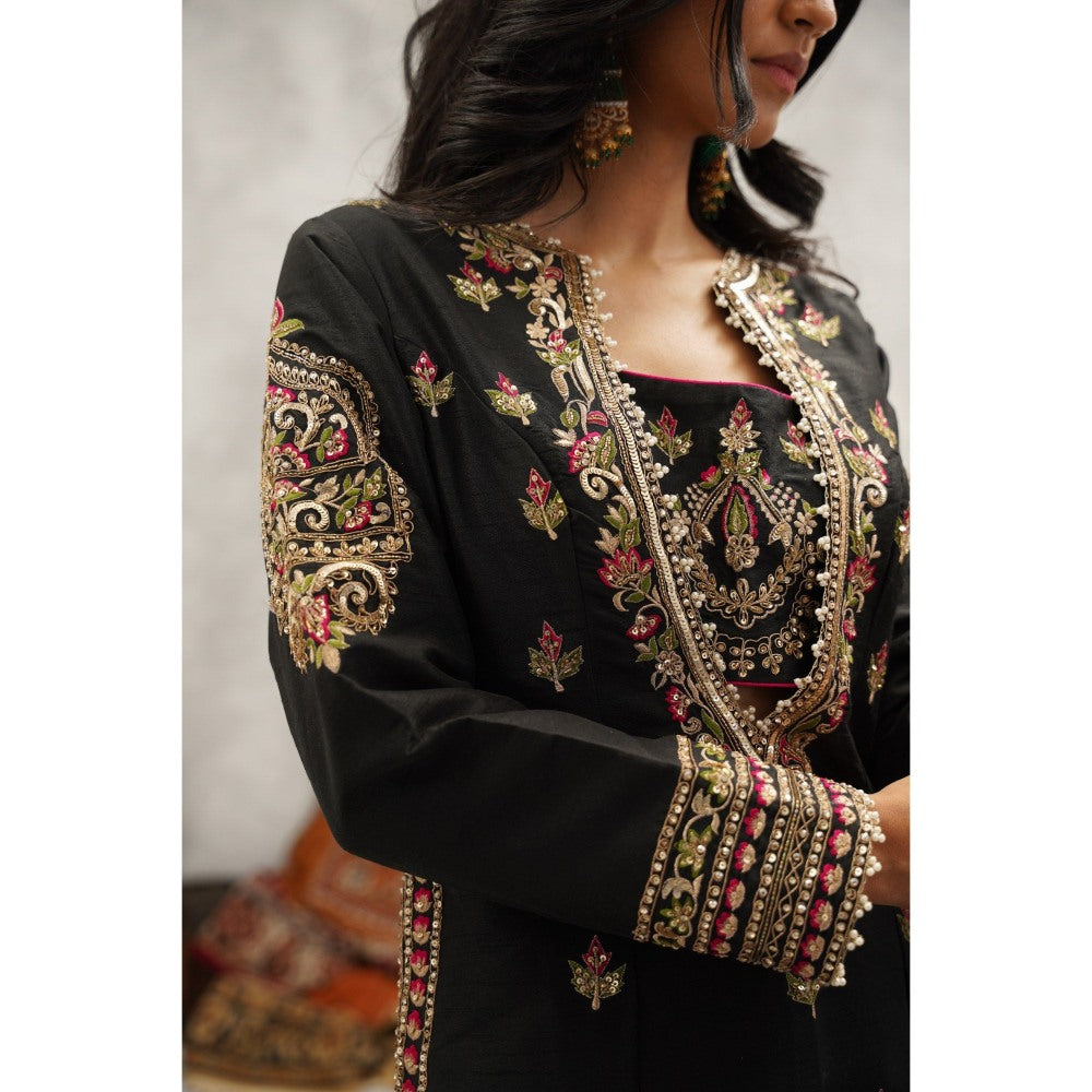 Kapda Dori Black Embroidered Silk Bustier with Kurta, Palazzo and Dupatta (Set of 4)