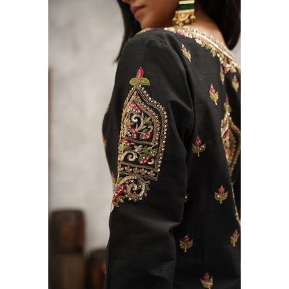 Kapda Dori Black Embroidered Silk Bustier with Kurta, Palazzo and Dupatta (Set of 4)