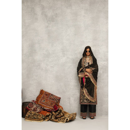 Kapda Dori Black Embroidered Silk Bustier with Kurta, Palazzo and Dupatta (Set of 4)