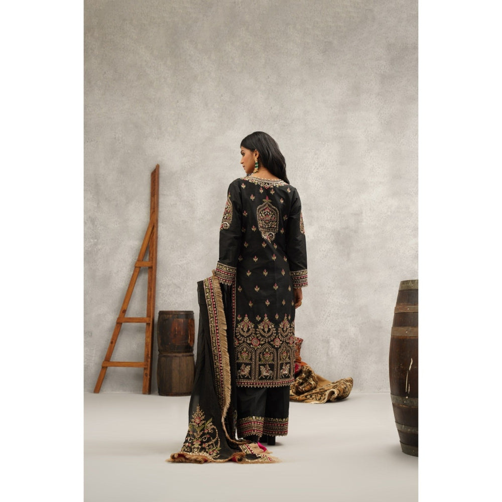 Kapda Dori Black Embroidered Silk Bustier with Kurta, Palazzo and Dupatta (Set of 4)