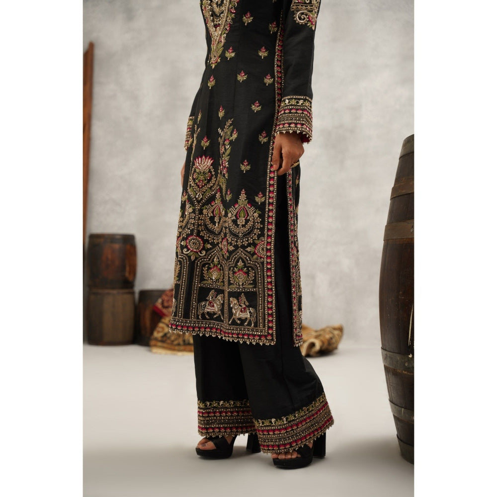 Kapda Dori Black Embroidered Silk Bustier with Kurta, Palazzo and Dupatta (Set of 4)