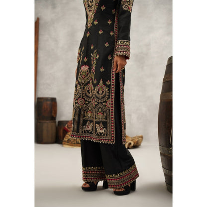 Kapda Dori Black Embroidered Silk Bustier with Kurta, Palazzo and Dupatta (Set of 4)