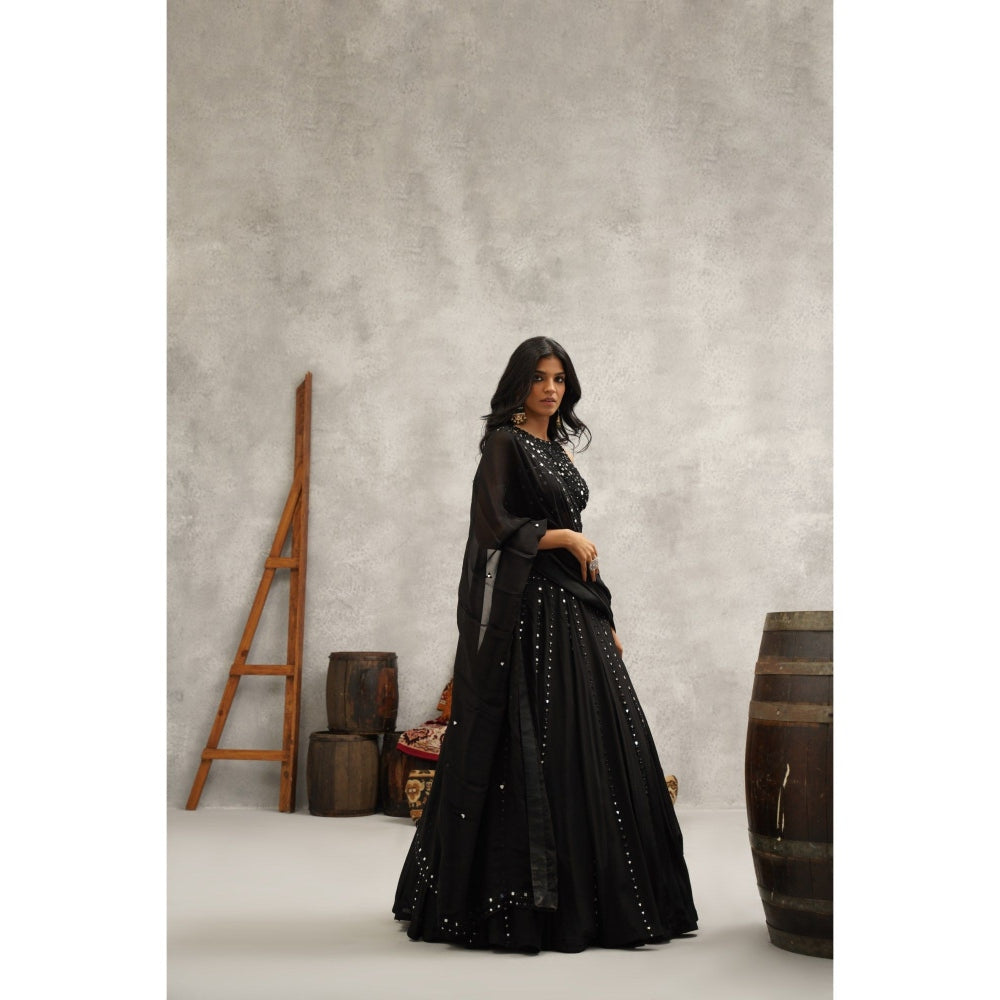 Kapda Dori Black Mirror Work Embroidered Lehenga with Blouse and Dupatta (Set of 3)