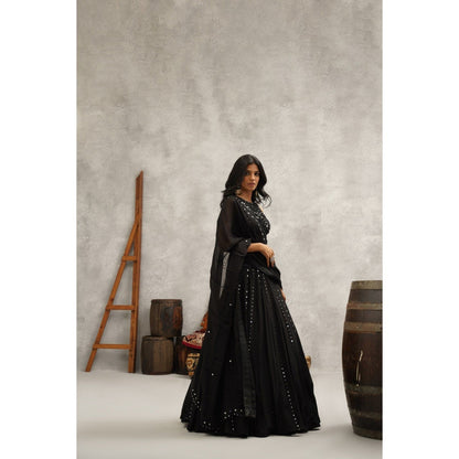 Kapda Dori Black Mirror Work Embroidered Lehenga with Blouse and Dupatta (Set of 3)