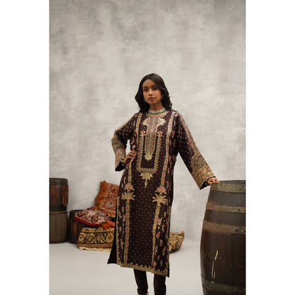 Kapda Dori Brown Embroidered Kurta with Churidar and Dupatta (Set of 3)