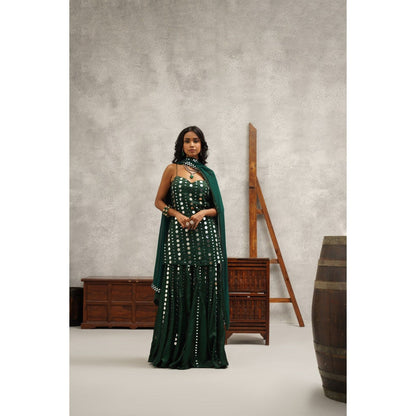 Kapda Dori Green Embroidered Kurta with Sharara and Dupatta (Set of 3)