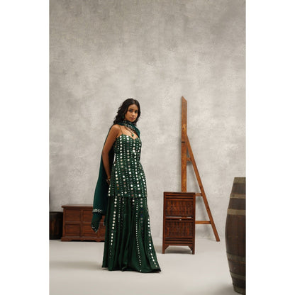 Kapda Dori Green Embroidered Kurta with Sharara and Dupatta (Set of 3)