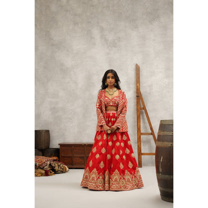 Kapda Dori Red Embroidered Lehenga with Blouse and Jacket (Set of 3)