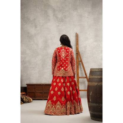Kapda Dori Red Embroidered Lehenga with Blouse and Jacket (Set of 3)