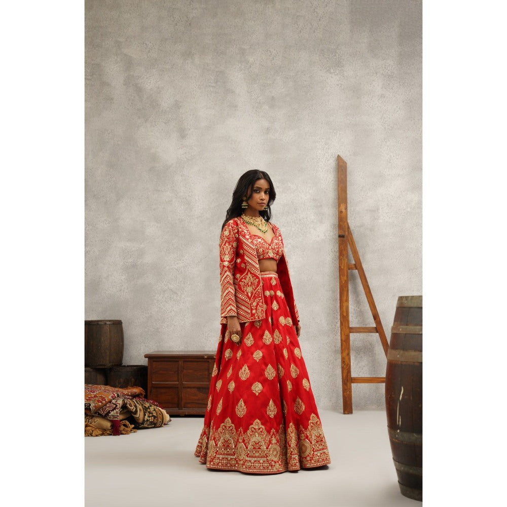 Kapda Dori Red Embroidered Lehenga with Blouse and Jacket (Set of 3)